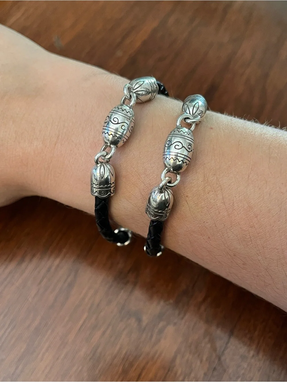 Vintage Brighton Black Braided Leather Bracelet with Silver Beads - Set of 2
